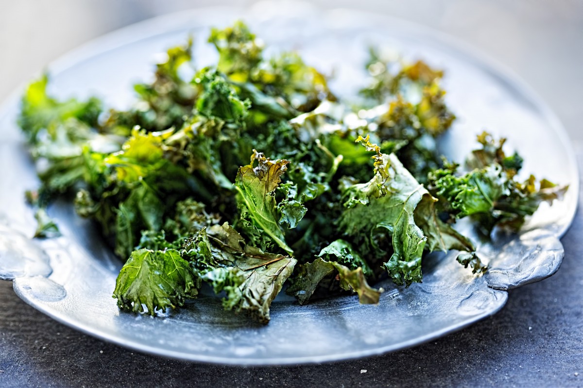 Crispy kale chips out of the oven