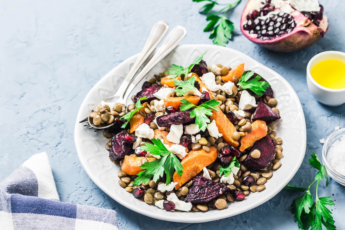 Roasted beet and carrot lentil salad with feta and parsley
