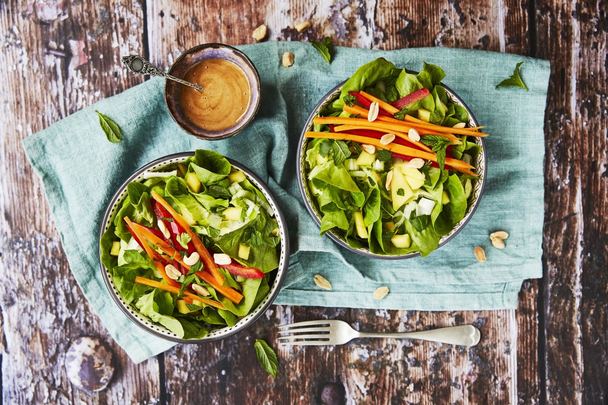 Asian style salad with carrots, mango, mint and peanut dressing