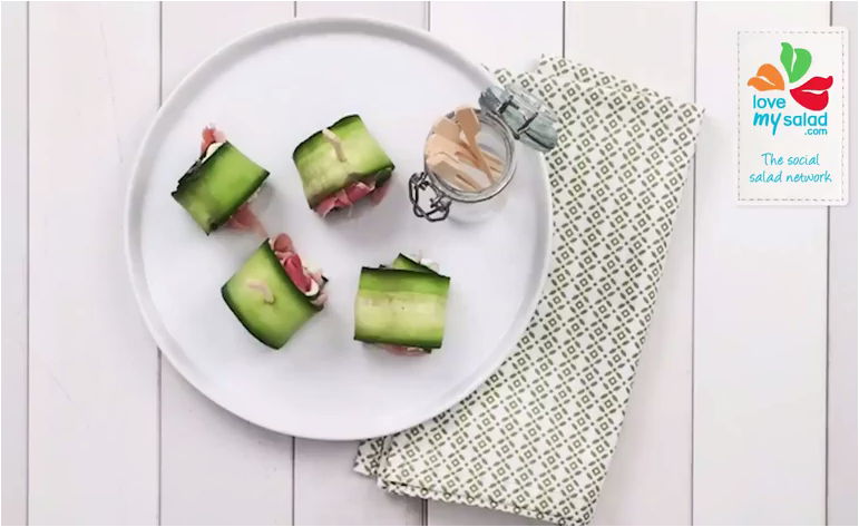 Cucumber, ham, cream cheese rolls