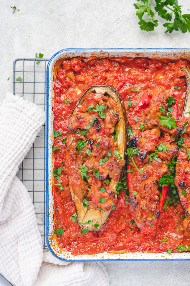 Gevulde aubergine en paprika uit de oven