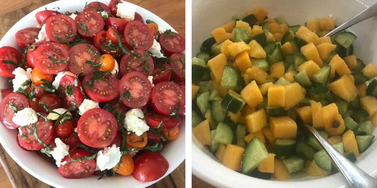 Salads served with love Tomato and labneh salad, cucumber and mango salad