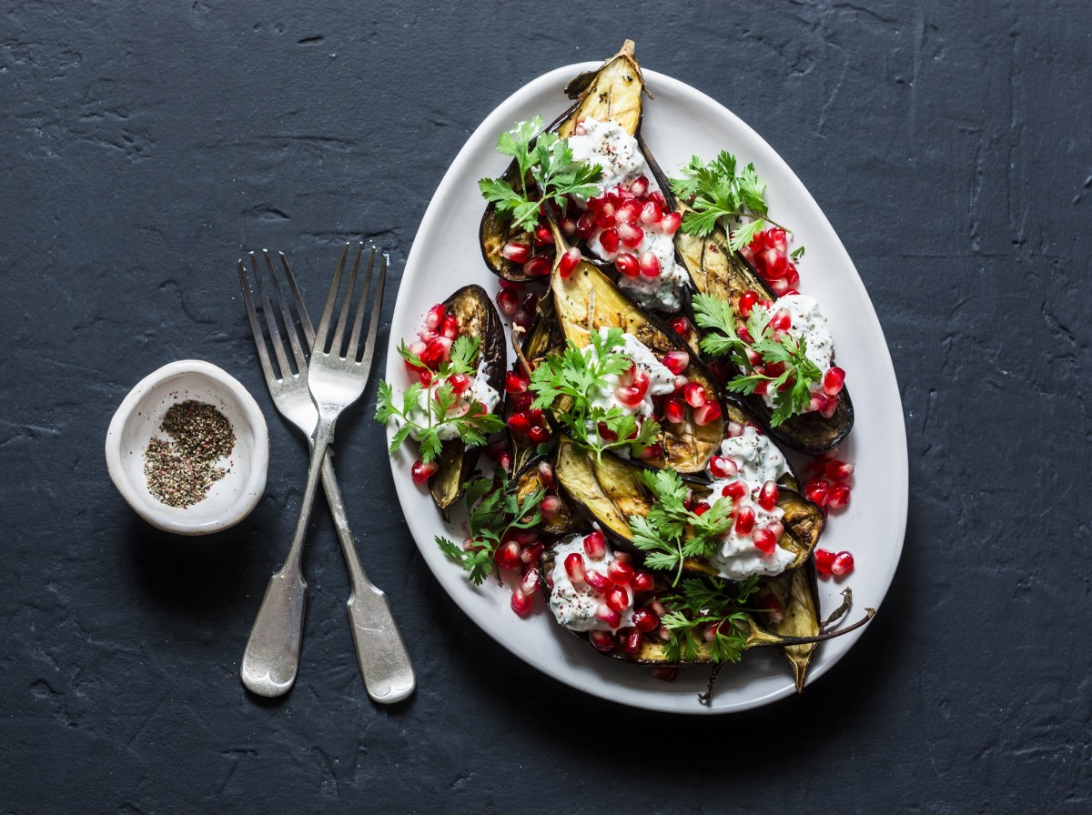 Eggplant steaks with miso, pomegranate and mint 
