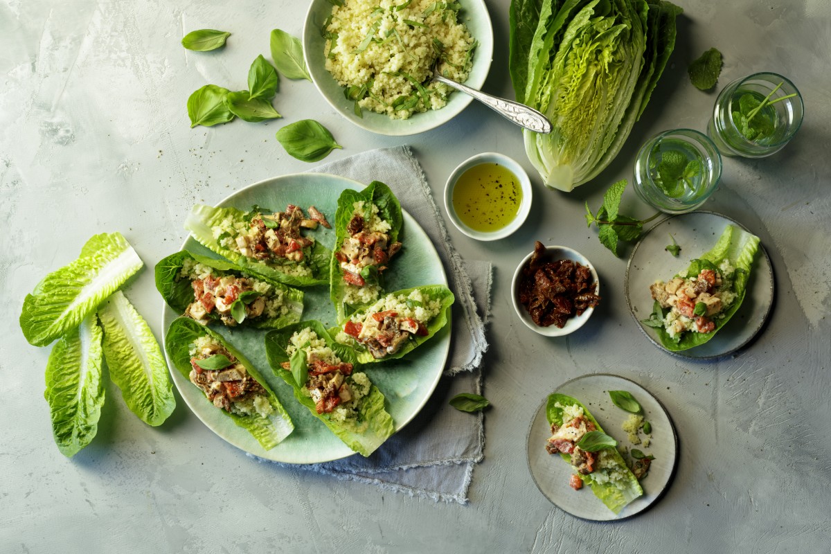 Salad of smoked chicken with couscous served in little gem leaves