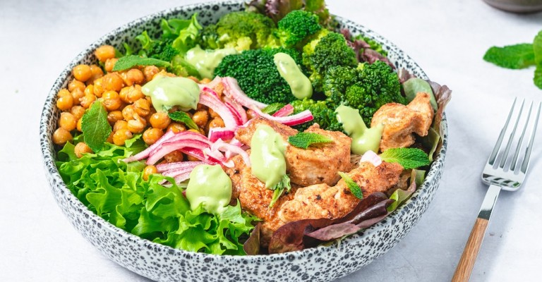 High protein salad with Green Goddess dressing