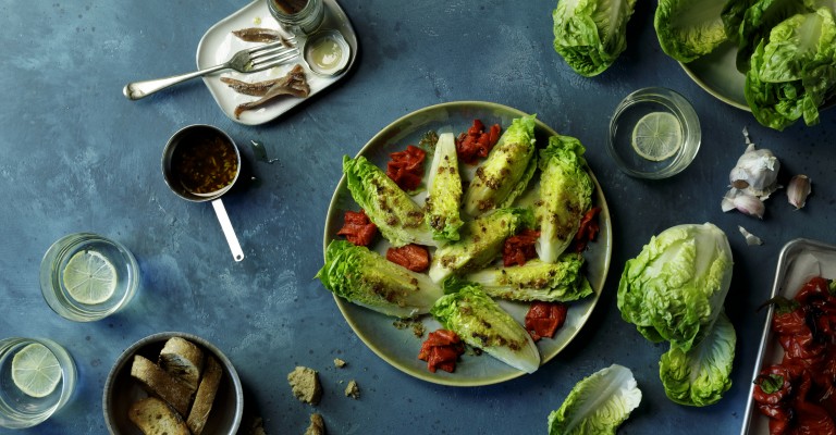 Baby Gem Hearts With Roasted Peppers And Anchovy Dressing Love