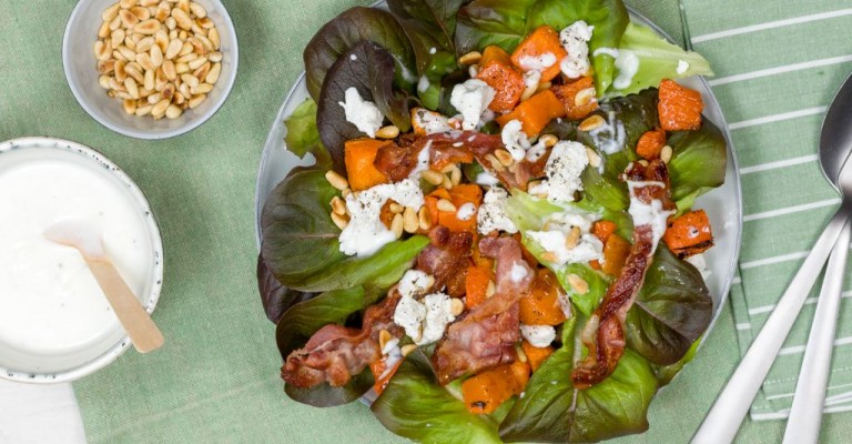 Roasted Butternut Pumpkin Salad With Butter Lettuce Bacon And