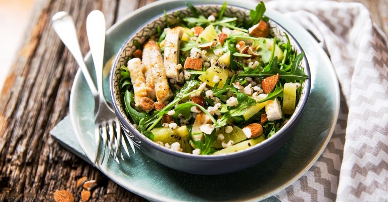 Bulgur Salad With Rocket Chicken Kiwifruit And Almonds Love My Salad