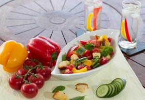 panzanella salad, colourful salad, capsicum, tomato, cucumber 