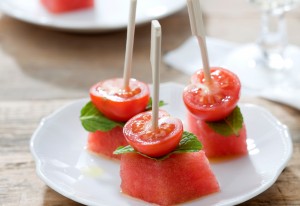 Bite-sized cocktail tapas with watermelon, tomato and mint