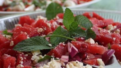 Watermelon and pomegranate salad with red onion