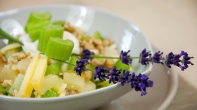 Stangenselleriesalat mit Ananas, Walnüssen und Käse 