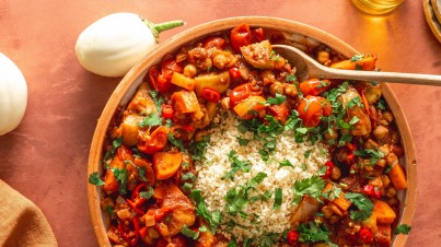 Stew with couscous, African eggplant and chickpeas