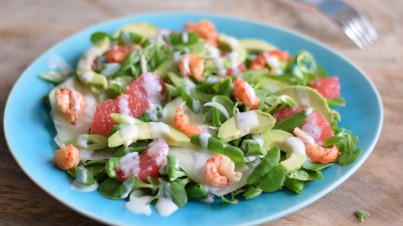 Salade met rivierkreeftjes, koolrabi en grapefruit