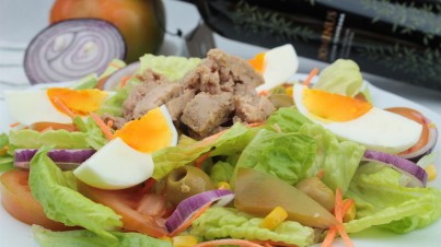 Ensalada de lechuga, huevo, atún y tomate