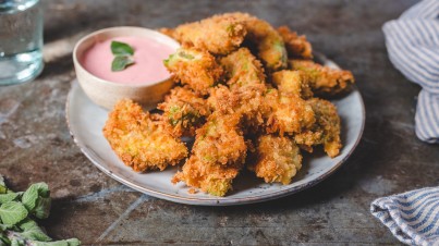 Fried avocado fingers with homemade beetroot dip