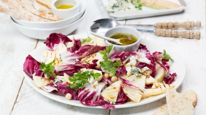 Grilled celeriac salad with pear and blue cheese 