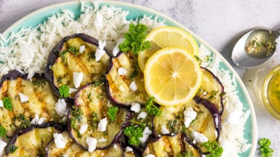 Gegrilde aubergine met Griekse marinade
