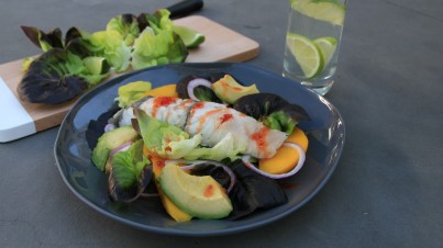 Salat mit gegrilltem Fischfilet und süßer Chili-/Limonensoße