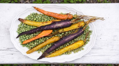 Grilled colourful carrots with steamed peas