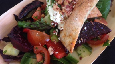 Fattoush salad with labna, walnut za'atar and buckwheat lavoush