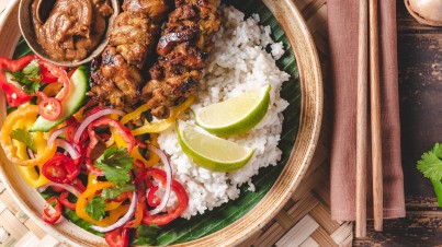 Chicken satay with Malaysian coconut rice and sweet and sour Sweet Palermo