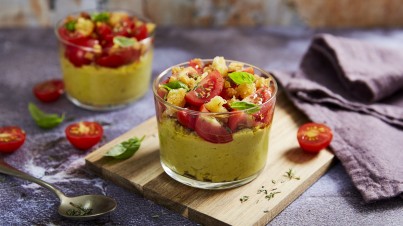 Broad bean cream with marinated cherry tomatoes