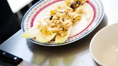 Chicory salad with apple, Parmesan cheese and sesame dressing