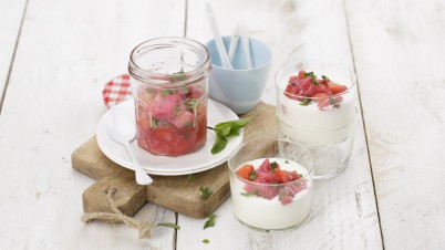 Yoghurt with rhubarb & strawberries