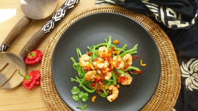 Pittige garnalensalade met snijboontjes