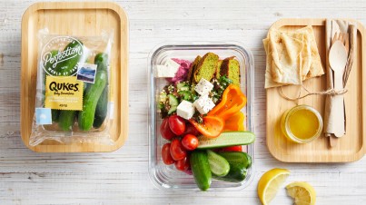 No cook felafel and Qukes® baby cucumbers snack bowl