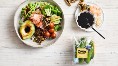 Qukes® baby cucumbers teriyaki beef bowls