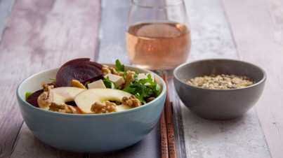 Beetroot and apple salad with lentils, rice and walnuts
