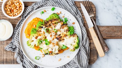 Romanescosteak mit Trüffeldressing und Süßkartoffelpüree
