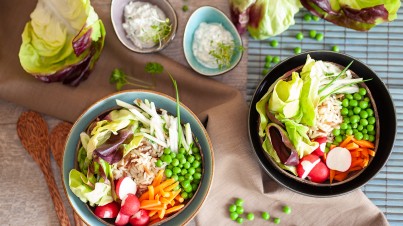 Buddha Bowl with red butterhead hearts and spring vegetables