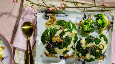 Broccoli hasselback with mozzarella and anchovy oil