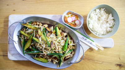 General Tso cucumber and oven steamed rice