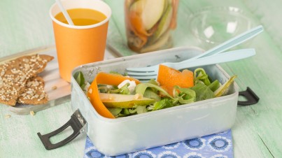 Goat's cheese, carrot, pear and hazelnut salad 