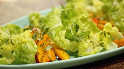 Salada de manga com pimenta – alface romana e broto de coentro 