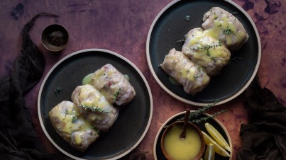 Stuffed cabbage rolls with shiitake mushrooms and rice