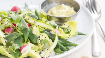Bohnensalat mit Spargel, Radieschen und Grüne Göttin-Dressing