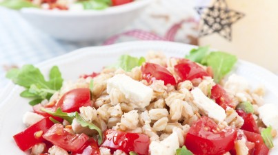 Spelt salad with cherry tomatoes and fresh feta cheese