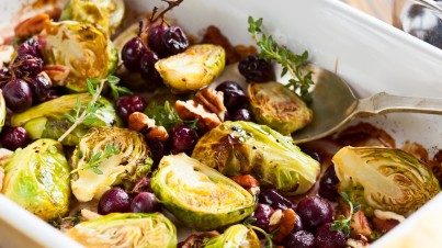 Roasted Brussels sprouts with balsamic, cranberries and pecan nuts