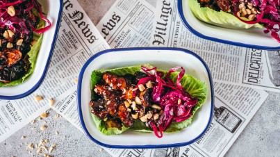 Sticky aubergine lettuce wraps