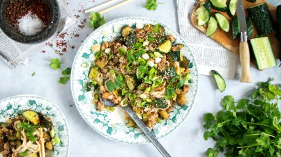 Szechuan kip met platgeslagen wokkomkommer en rijstnoodles 