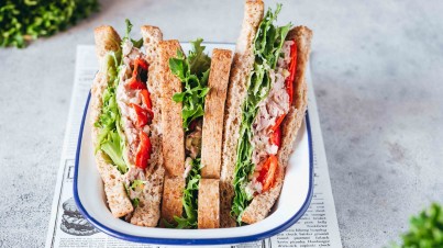 Tuna salad sandwich with grilled peppers