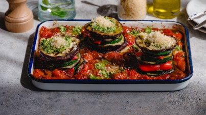 Vegetable Turrets with Roasted Cherry Tomatoes, Pesto, and a Crispy Topping