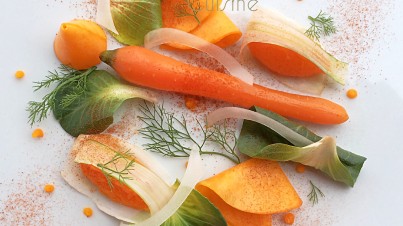 Zucca con finocchio, carota, cicorino verde e polvere di peperone crusco