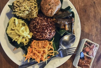 Discover Nasi Campur, in Ubud, Bali. A dish of spicy carrot and banana blossom salads, stir-fried eggplant, coconut curry, ratatouille, garlic infused cauliflower and classic Indonesian greens.