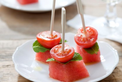 Bite-sized cocktail tapas with watermelon, tomato and mint